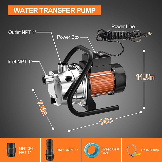 1.5 HP Portable Water Transfer Pump 1500 GPH Shallow Well Pump Garden Booster Sprinkler Pumps for Irrigation Lawn Farm Water Removal with Adapters, Orange-BloomoryGarden