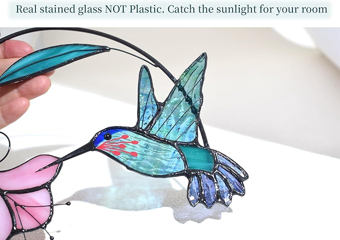 Lolitarcrafts Stained Glass Hummingbird Window Hangings with Flowers, Bird Stained Glass Suncatcher for Window Decor Hummingbird Gifts for Mom,Bird Lovers (Blue with Flower A)-BloomoryGarden