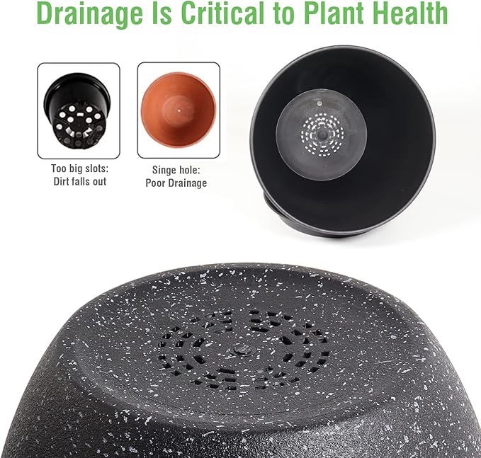 12/10/9 Large Modern Plant Pots, Plastic Planters with Drainage Holes and Saucers for Indoor Outdoor Plants Flowers, Black Speckles-BloomoryGarden