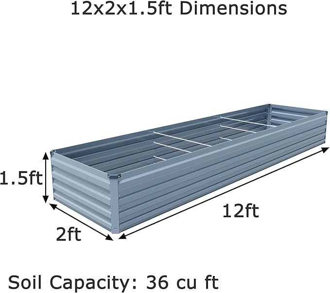 12x2x1.5ft Galvanized Raised Garden Bed,Outdoor Planter Box Metal Patio Kit Planting Bed for Vegetables Flowers Herb,Grey-BloomoryGarden