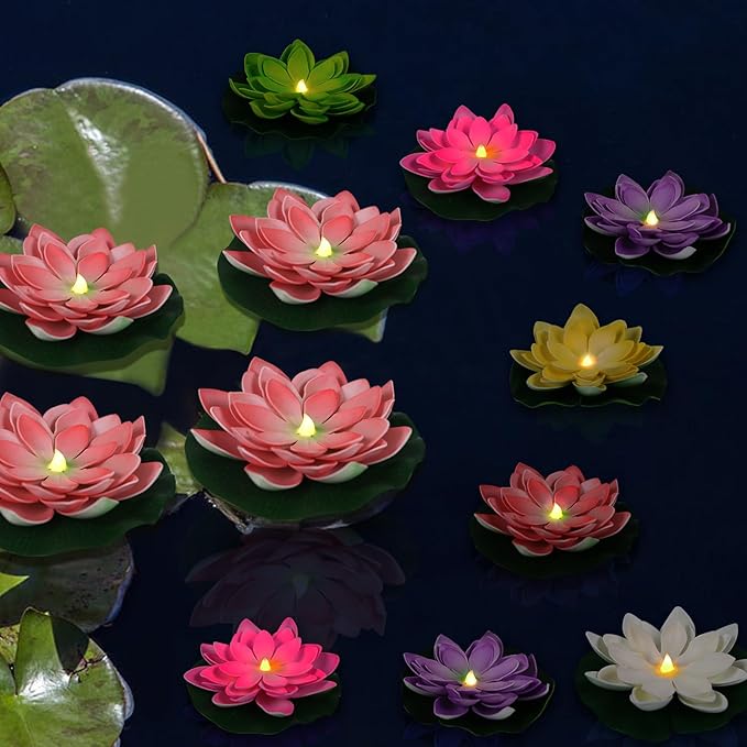 12 PCS Waterproof Floating Lotus Light - Diwali 5 Inch Floating Flower Light Battery Operated Water Activated Warm White Light Pool Flower Lamp Wedding,Anniversary,Garden Decoration(Mix-Color)-BloomoryGarden