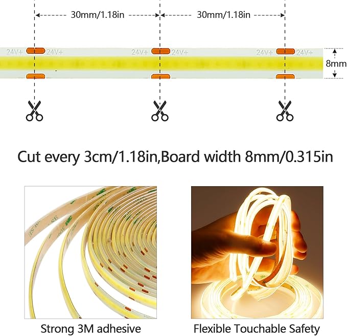 10M/32.8ft 24V COB LED Strip Light Waterproof IP65 Warm White 3000K Uniform Glow 3840LEDs CRI 93+ Flexible LED Tape Lights for DIY Cabinet Bedroom Kitchen Home Decor(No Power Supply)-BloomoryGarden