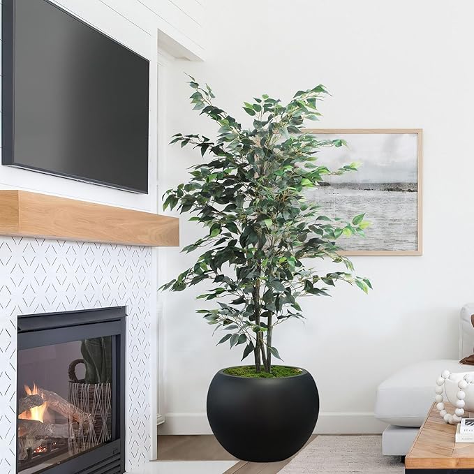 13.5 H x 17" Dia (12" Pot Opening) Round Fiberstone Planter with Drainage Hole, Black, Indoor/Outdoor Large Plant Pot for Home Patio Garden, Ideal for Large Plants-BloomoryGarden