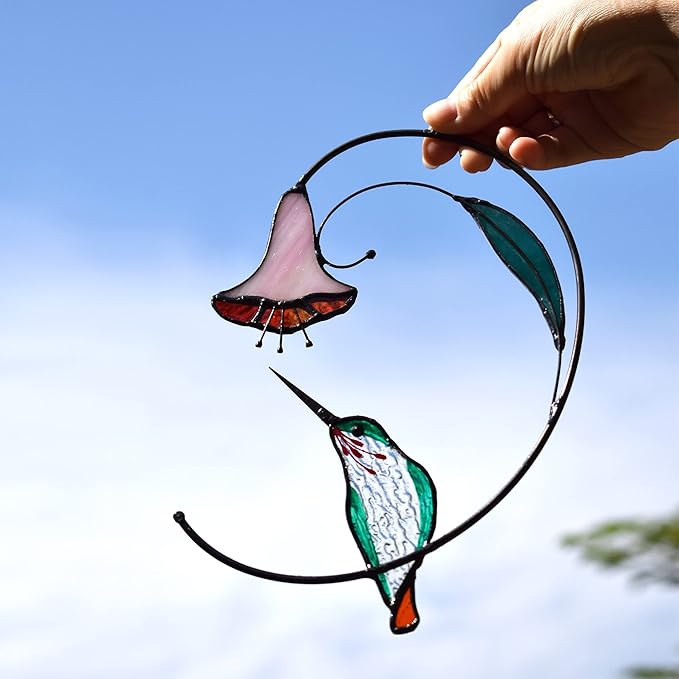 Lolitarcrafts Hummingbird with Flower Stained Glass Suncatcher Bird Stained Glass Window Hangings Hummingbird Gift for Home Decor (Green)-BloomoryGarden
