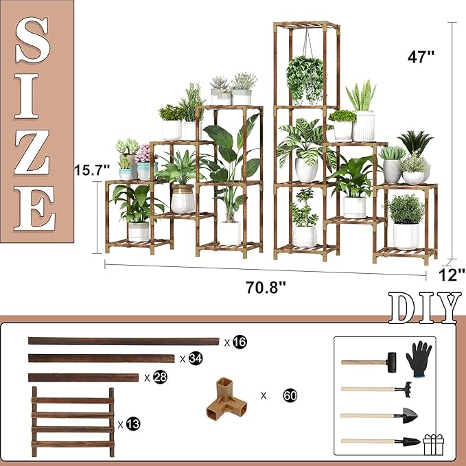 HOMKIRT Corner Plant Stand Indoor Outdoor for Multiple Plants, Large Tall Plant Shelf Rack Table Holder with Hanging Space Flower Stand for Patio Porch Balcony Garden Boho Decor