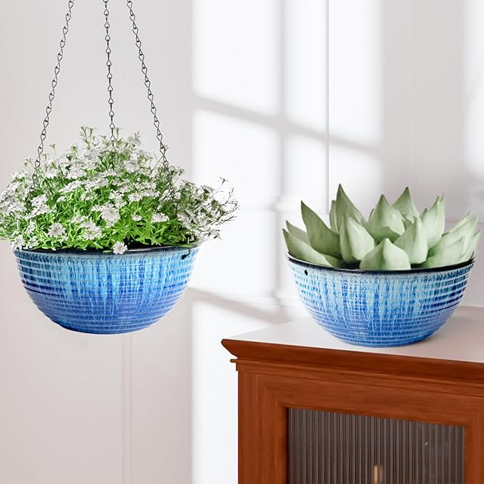 10in Hanging Planters for Indoor and Outdoor Plants, 2 Pack Hanging Planter with Drainage Hole, Round Hanging Flower Pots for Garden Home Decor (Blue Glaze)-BloomoryGarden