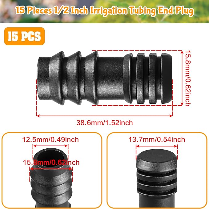 1/2" Drip Irrigation End Plug:13mm ID Barbed End Cap Irrigation Fittings for 1/2 Inch Irrigation Tubing (0.520"ID-0.640" OD) Drip Line Goof Plug Connector for Garden Irrigation System(15 Pack)