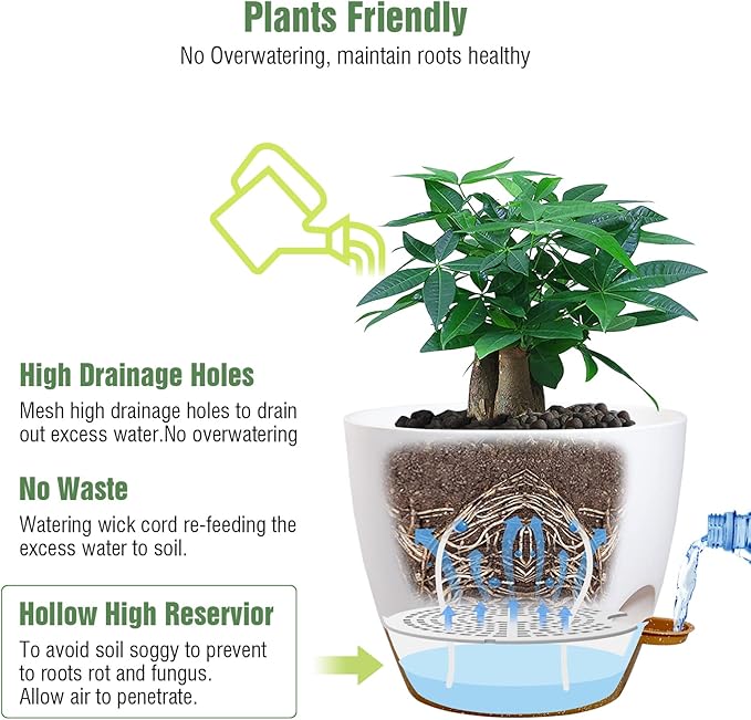 12 inch Large Self Watering Pots, Plastic Planters with 60oZ Removable Deep Reservoir and Multi Mesh Drainage Holes for Indoor Outdoor Garden Plants and Flowers, White with Brown-BloomoryGarden