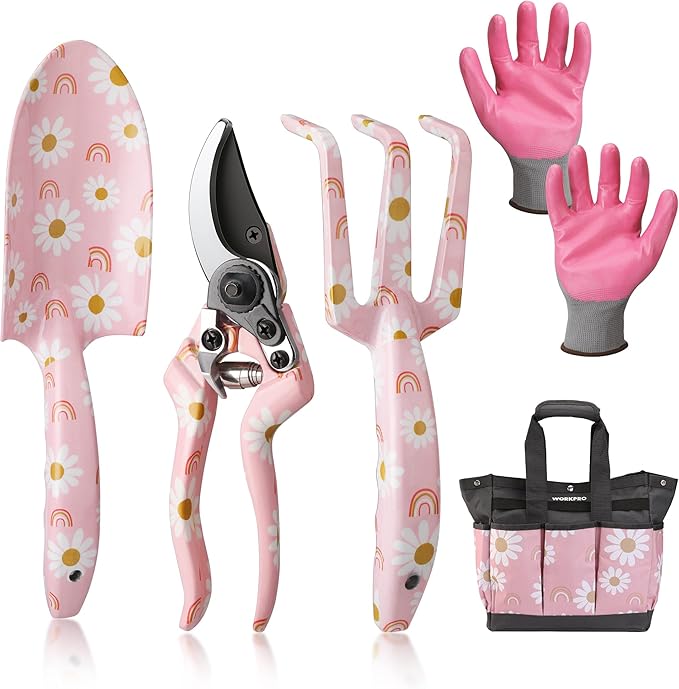 WORKPRO 5PCS Garden Tool Set, Aluminum Heavy Duty Gardening Tool Set with Garden Tool Bag, Outdoor Garden Hand Tools, Pink, Garden Gifts-BloomoryGarden
