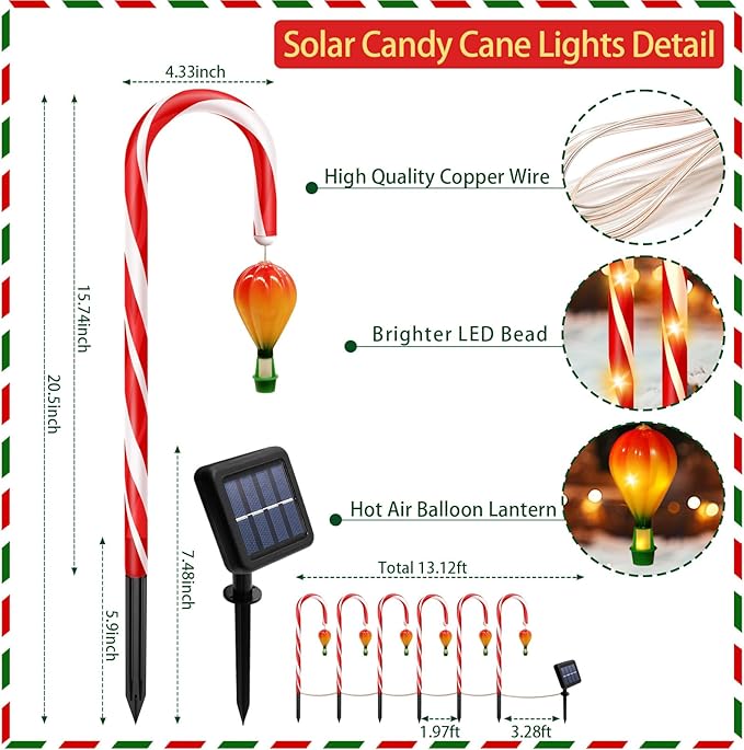 12 Pack Outdoor Solar Christmas Decorations, 180 Bright LED Solar Candy Cane Christmas Lights 8 Lighting Modes, Waterproof Outside Xmas Decorations with Lantern Decor Lights for Pathway Yard Garden-BloomoryGarden