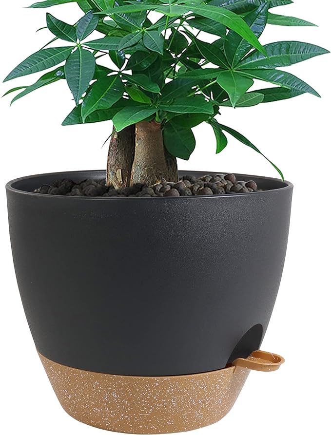 12 inch Large Self Watering Pots, Plastic Planters with 60oZ Removable Deep Reservoir and Multi Mesh Drainage Holes for Indoor Outdoor Garden Plants and Flowers, Black with Brown-BloomoryGarden