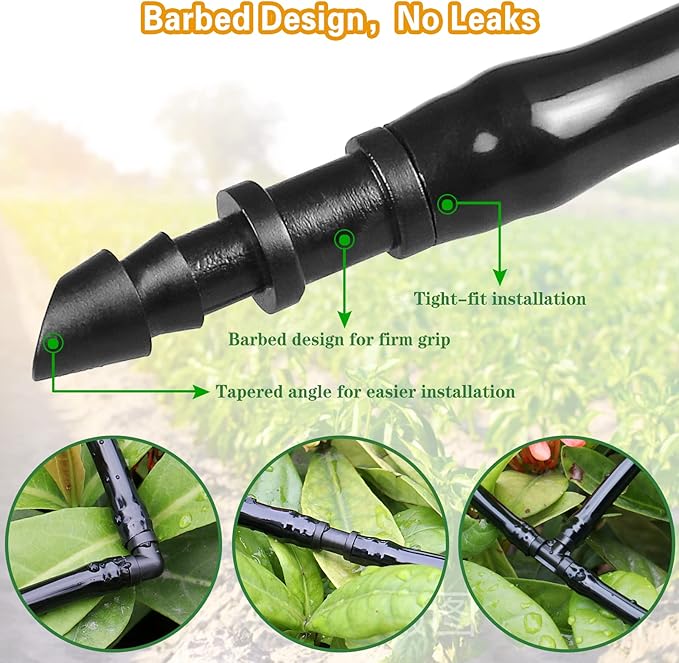1/4 Inch Drip Irrigation Fittings Kit:140 Pieces Drip Irrigation Parts with Sharp End for 1/4" Irrigation Tubing Barbed Connectors for Home Garden 60 Couplings 50 Tees 20 Elbows 10 Goof Plugs