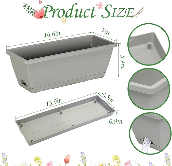 12Pcs 17Inches Rectangle Planter Box with Drainage Holes and Trays Plastic Planters Flower Boxes Pots for Indoor Outdoor Plants Patio Garden Home Decor Porch Yard (Gray)-BloomoryGarden