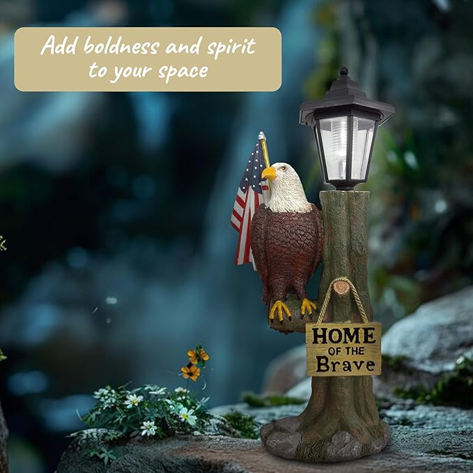14x6 Inch Eagle Outdoor Solar Statue, Home of The Brave Outdoor Decorative Sculpture, Garden Decoration Outdoor Waterproof, Eagle Statue with American Flag for Patios, Yards, and Gardens-BloomoryGarden
