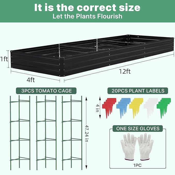 12×4×1ft Galvanized Metal Raised Garden Bed, Metal Planter Kit Box Outdoor for Deep-Rooted Vegetables, Flowers, Green and Herbs-BloomoryGarden