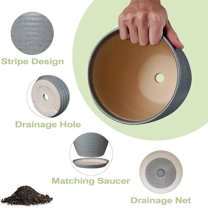 12 Inch Plant Pot, Ceramic Planter Pot with Drainage Hole and Saucer Round Large Flower Pot for Indoor Plants, Light Gray-BloomoryGarden