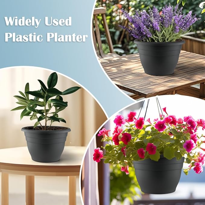11 Inch Plant Pots, 3 Pack Planters for Indoor Ourdoor Plants, Round Plastic Flower Pots, Large Planters with Drainage Hole and Plug, Gray-BloomoryGarden