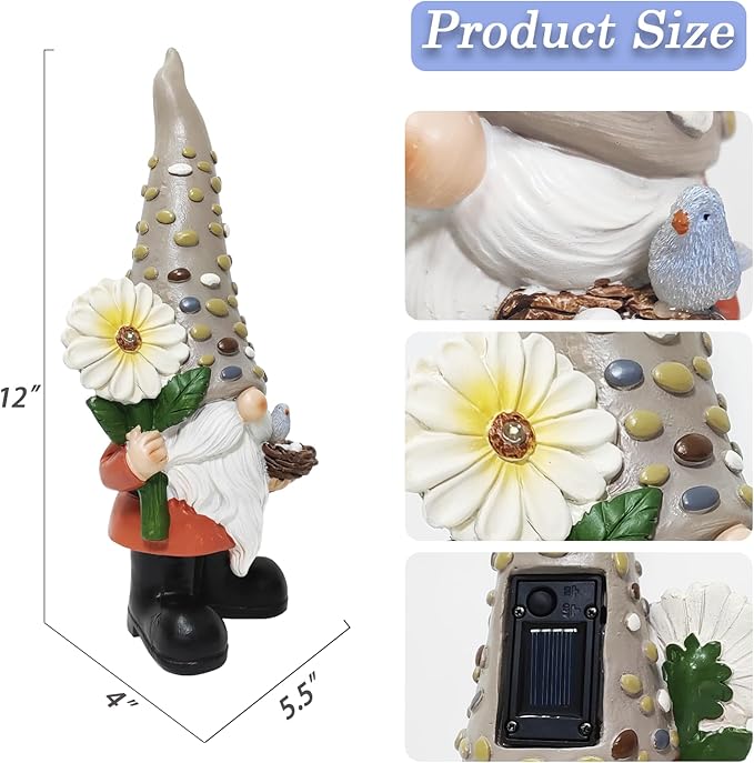 12 Inch Solar Garden Gnome Statue Clearance with Sunflower and Bird's Nest Light – Outdoor High Hat Gnome Sculpture Outdoor Statue for Patio and Garden Decor – Figurine Gift for Gnome Lovers-BloomoryGarden