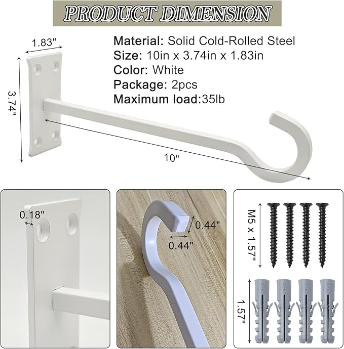 10inch Heavy Duty Plant Hangers Outdoor or Indoor Bird Feeder Hanger Shepherd Hooks 2pcs White Metal Wall Hook for Hanging Plant Bracket, Lantern, Flower Basket, Wind Chimes-BloomoryGarden
