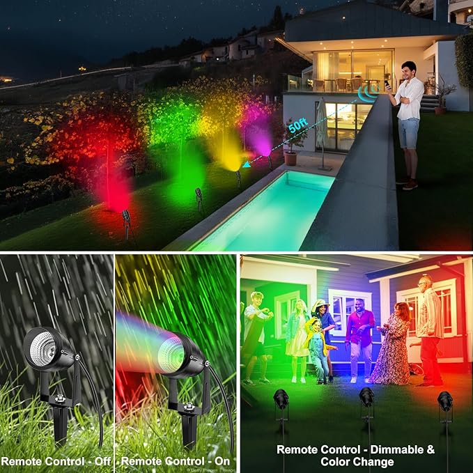 1500LM LED High Brightness Outdoor Landscape Lighting 15W RGBCW Color Changing Landscape Lights Remote Control Spot-Lights with Plug in IP66 Waterproof Flood Light for Garden - 4 Pack-BloomoryGarden