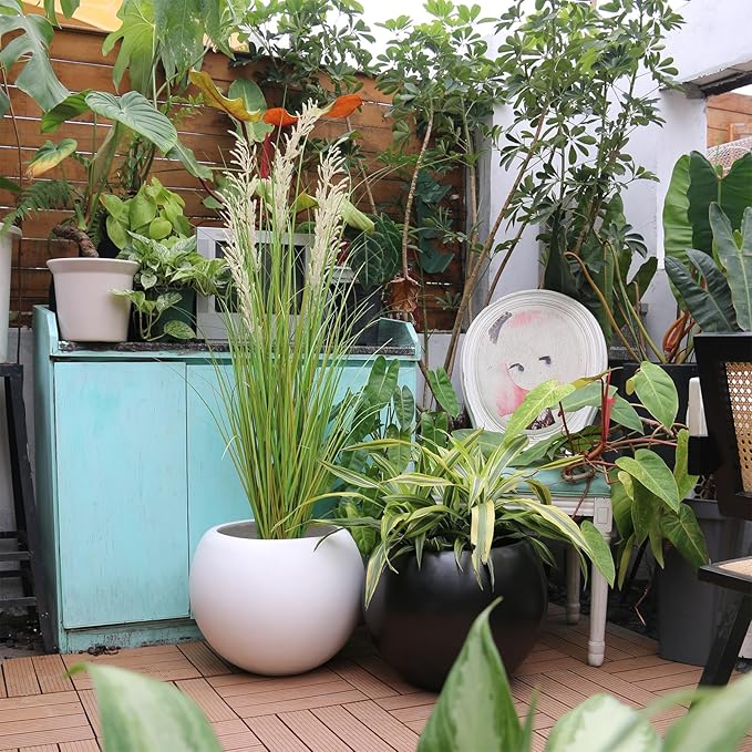 13.5 H x 17" Dia (12" Pot Opening) Round Fiberstone Planter with Drainage Hole, White, Indoor/Outdoor Large Plant Pot for Home Patio Garden, Ideal for Large Plants-BloomoryGarden