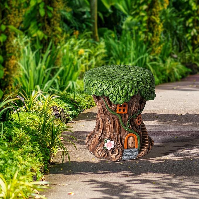 13''H Fairy House Statue Outdoor Statues Garden Resin Stool Over-Sized Sculpture Forest Pedestal Spring Decor for Home Courtyard Lawn Patio Summer Ornament Indoor Stool-BloomoryGarden