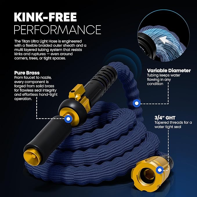 TITAN Flexible Garden Hose 10FT – Ultra Lightweight, Heavy Duty Water Hose with Brass Fittings & Jet Nozzle – Kink-Free, Non-Expanding, Durable Fabric Hose for Yard, Lawn, Car Wash, Outdoor Use-BloomoryGarden