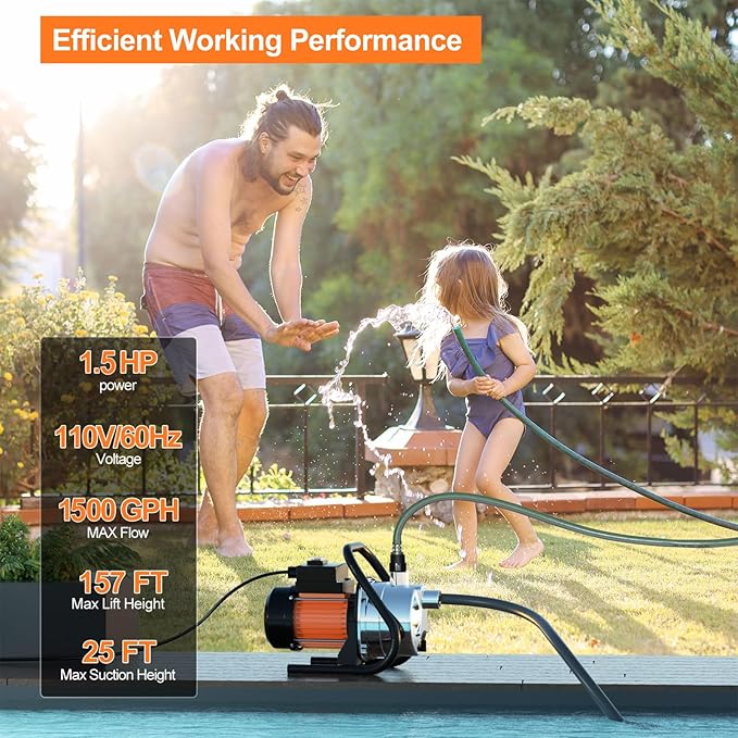 1.5 HP Portable Water Transfer Pump 1500 GPH Shallow Well Pump Garden Booster Sprinkler Pumps for Irrigation Lawn Farm Water Removal with Adapters, Orange-BloomoryGarden