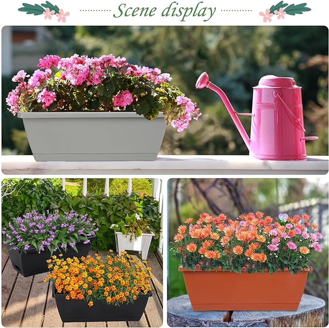 12Pcs 17Inches Rectangle Planter Box with Drainage Holes and Trays Plastic Planters Flower Boxes Pots for Indoor Outdoor Plants Patio Garden Home Decor Porch Yard (Red)-BloomoryGarden