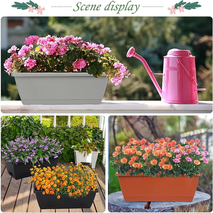 12Pcs 17Inches Rectangle Planter Box with Drainage Holes and Trays Plastic Planters Flower Boxes Pots for Indoor Outdoor Plants Patio Garden Home Decor Porch Yard (Gray)-BloomoryGarden