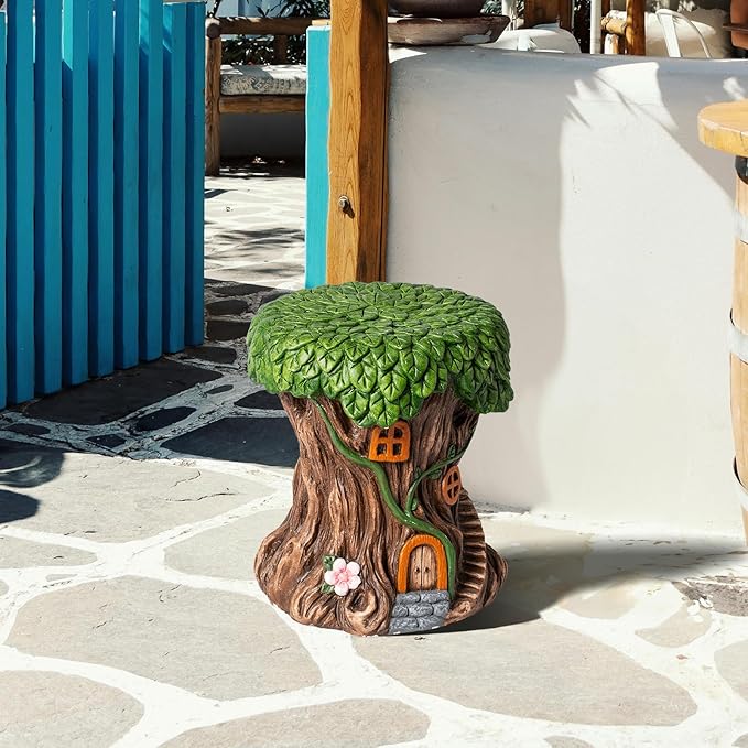 13''H Fairy House Statue Outdoor Statues Garden Resin Stool Over-Sized Sculpture Forest Pedestal Spring Decor for Home Courtyard Lawn Patio Summer Ornament Indoor Stool-BloomoryGarden