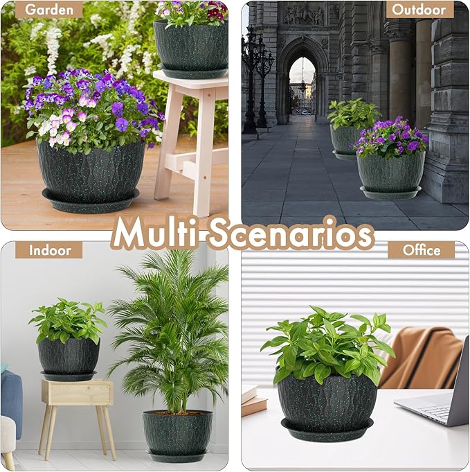 12 Inch Wide Water Ripples Flower Pots for Indoor or Outdoor Plants, Large Plant Pots with Drainage Holes & Saucer, Plastic Planters Set for Garden & Home Decor (Black with Green Speckles)-BloomoryGarden