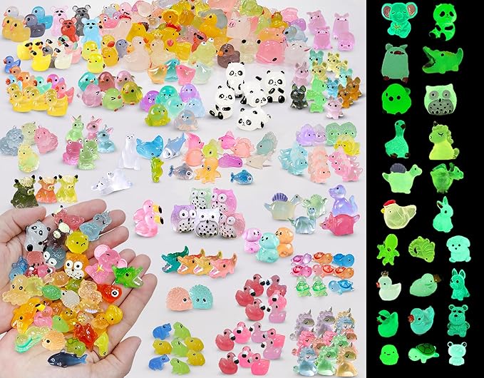 Luminous Tiny Resin Animals 300 Pcs Mini Animals Bulk Mini Resin Ducks Owls Tiny Frogs Pandas Small Rabbits Glow in The Dark for Miniature Garden Accessories Micro Landscape Aquarium Potted Decoration-BloomoryGarden