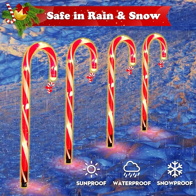 12 Pack Christmas Candy Cane Lights Outdoor Solar Pathway Lights Christmas Decorations Waterproof Driveway Walkway Markers Yard Garden Home Xmas Decor, 2-in-1 Rechargeable Solar Power-BloomoryGarden