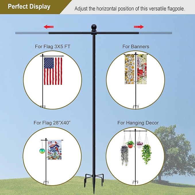 10FT Flag Pole Stand for Garden – Adjustable Outdoor Flagpole with 5-Prong Base, Freestanding Aluminum Banner Holder for 3x5ft & 28"x40" Flags – Wind-Resistant & Lightweight – Black-BloomoryGarden