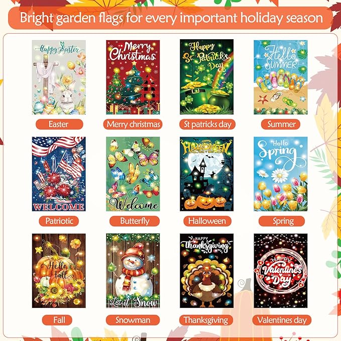 12 Pcs Solar Seasonal LED Garden Flags 28 x 40 Inch Double Sided Yard Flags Spring Easter Halloween Fall Thanksgiving Day Decorations Welcome Garden Flag Lawn Yard Outdoor Holiday Decoration-BloomoryGarden