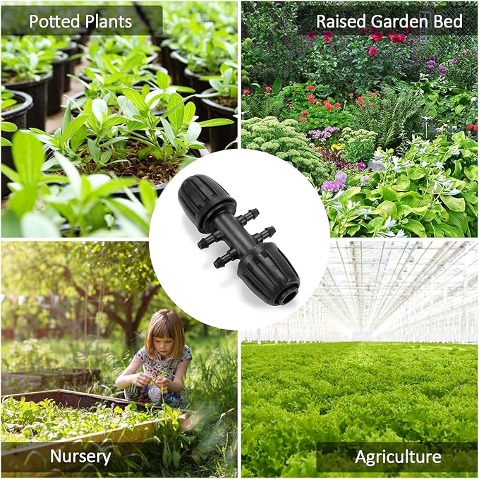12 Pcs 1/2 inch to 1/4 inch Drip Irrigation Tubing Fittings, 1/2" Drip Tubing (1/2" ID x 0.65" OD) to 4 Way 1/4" Irrigation Tubing Locked Barbed Reducing Tee Connectors for Garden Systems-BloomoryGarden