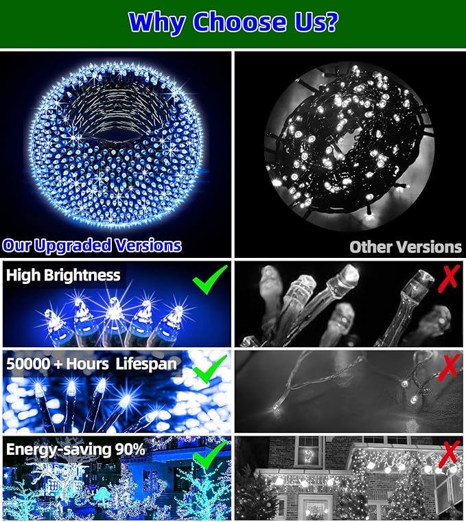 1500 LED 492ft Outdoor Christmas Lights Decorations, Green Wire LED String Lights with Timer Memory, Twinkle Lighs for Indoor Outdoor Party, Tree Wedding, Garden, Patio (Blue)-BloomoryGarden