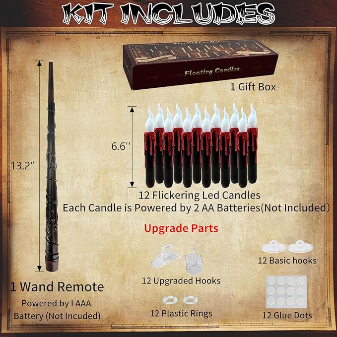 12pcs Floating Candles with Wand, Magic Hanging Candles, Flameless Candles with Magic Wand Remote, Battery Operated Hanging Window Candle, 6.1" LED Electric Candles for Christmas Halloween Decorations-BloomoryGarden