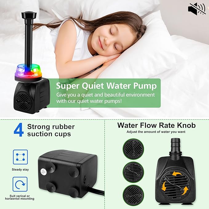 15W 800L/H Submersible Pond Fountain Pump with LED Lights, Ultra Quiet Water Pump, Pond Fountains Pump for Small Pond, Koi, Garden, Aquariums, Fish Tanks, Indoor Outdoor Fountain 3 Type Nozzles-BloomoryGarden