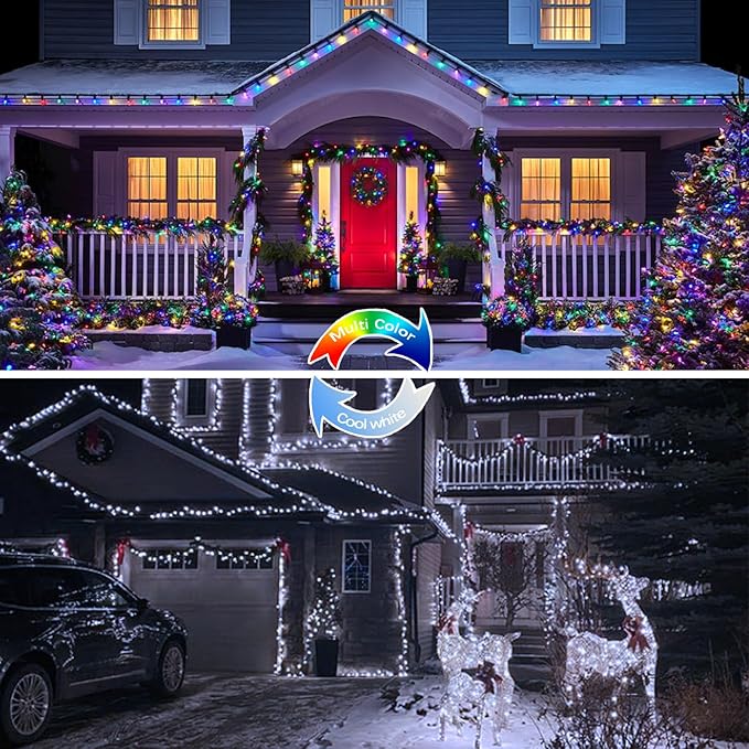 (Cool White ⇋ Multicolor) Solar Christmas String Lights Outdoor, 2-Pack 80FT 200 LED Waterproof Silver Wire, Solar Twinkle Lights with 8 Modes Solar Fairy Light for Tree Garden Wedding Christmas Decor-BloomoryGarden