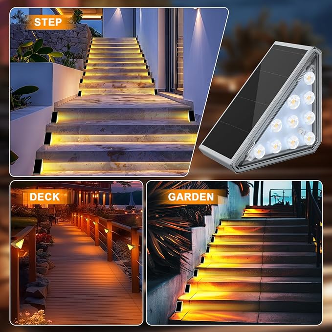 12 Pack Solar Stair Lights Outdoor Stair Lights with Waterproof IP67 LED Solar Light for Outside Light Decor for Stair, Deck, Front Step, Front Porch, Patio, Garden and Backyard-BloomoryGarden