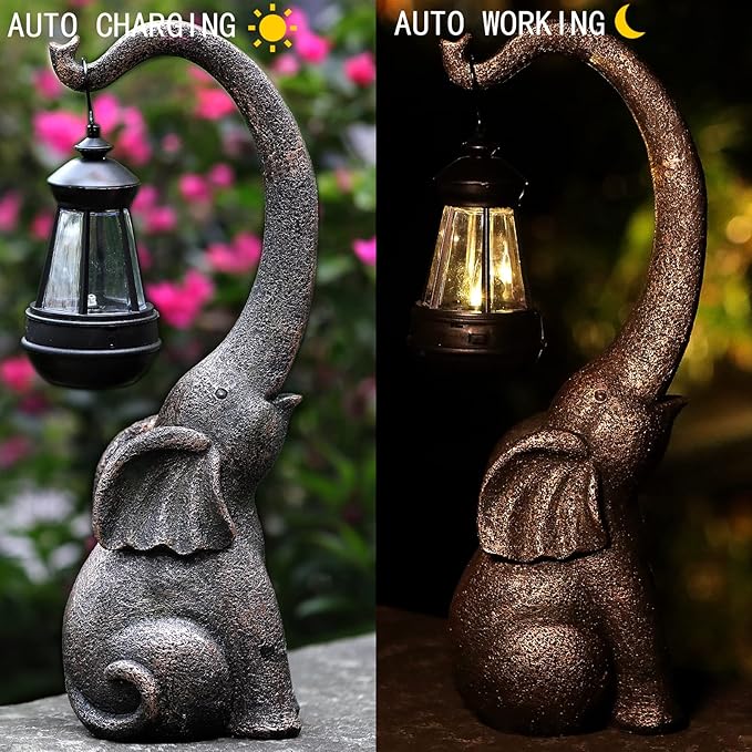 15" Outdoor Sculpture Figurine Statue Elephant Decorations Solar Garden Statues for Patio Home Yard Decor Good Luck Garden Elephant Birthday Gifts for Woman, Mom Family-BloomoryGarden