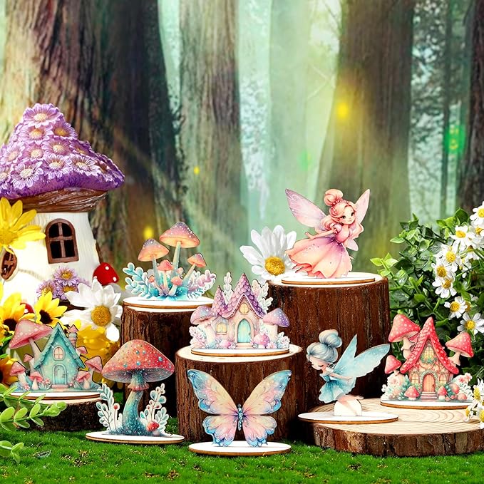 16 Pcs Fairy Party Decorations Wooden Fairies Centerpieces Table Topper Vintage Fairies Mushroom Butterfly Decorations for Home Table Woodland Forest Birthday Party Decor-BloomoryGarden