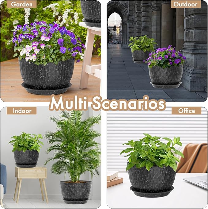 12 Inch Wide Water Ripples Flower Pots for Indoor or Outdoor Plants, Large Plant Pots with Drainage Holes & Saucer, Plastic Planters Set for Garden & Home Decor (Black with White Speckles)-BloomoryGarden