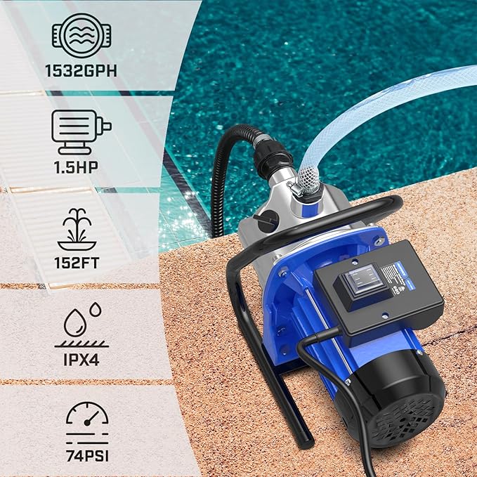 110V Electric Shallow Well Pump, 1.5HP 1532GPH 152FT Water Transfer Pump, Portable Stainless Steel Sprinkler Booster Jet Water Pumps for Garden Lawn Irrigation System-BloomoryGarden