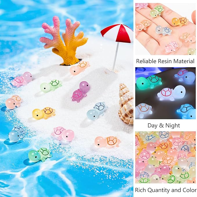 102PCS Luminous Mini Resin Turtles Sea Turtles Figurines Glow in The Dark, Cute Tiny Turtles Bulk for Cake Toppers Ocean Animal Theme Decor Garden Micro Landscape DIY Hidden Game (6 Colors)-BloomoryGarden