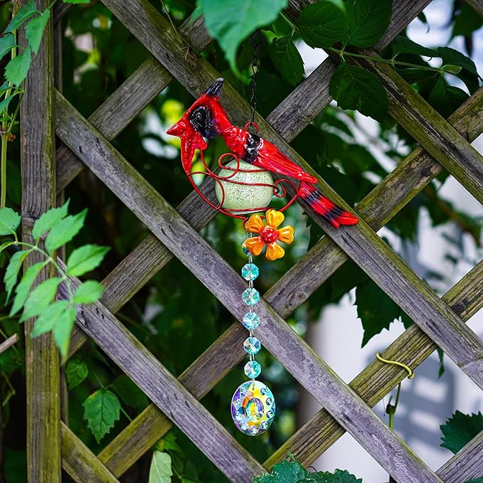 13inch Stained Metal Cardinal Birds Sun Catcher Decorative Window Hanging Ornament Crystals Prism Suncathers Red Bird for Home Garden Decor-BloomoryGarden