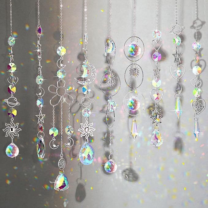 Maitys 9 Pcs 6 Pcs Crystal Suncatcher Sun Catchers Indoor Window Hanging Sun Catchers with Light Catcher with Prisms and Agate Slices for Indoor Outdoor Home Garden Wedding Decor (Elegant)-BloomoryGarden
