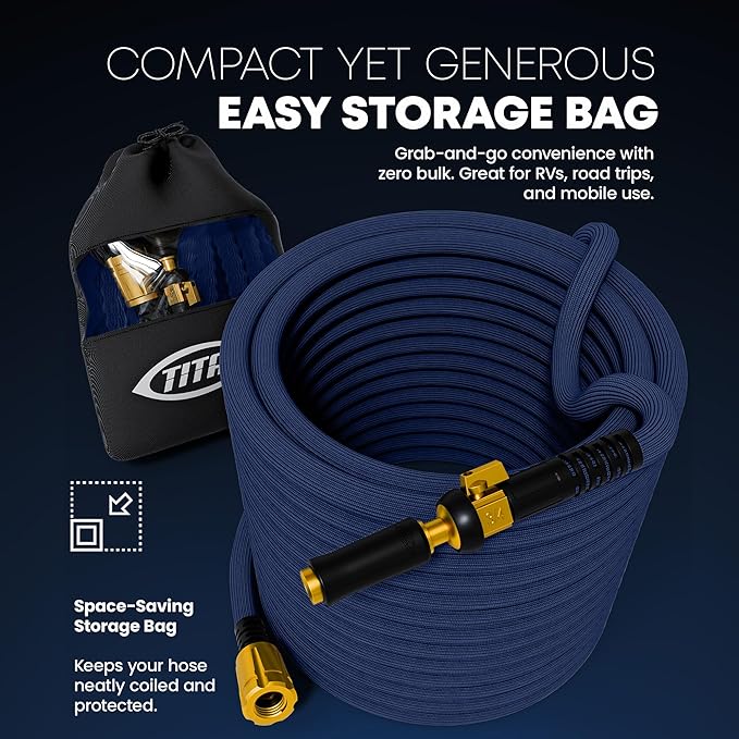 TITAN Flexible Garden Hose 10FT – Ultra Lightweight, Heavy Duty Water Hose with Brass Fittings & Jet Nozzle – Kink-Free, Non-Expanding, Durable Fabric Hose for Yard, Lawn, Car Wash, Outdoor Use-BloomoryGarden